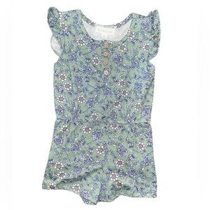 btween Green Floral Ruffle-Sleeve Shorts Romper with Scrunchie